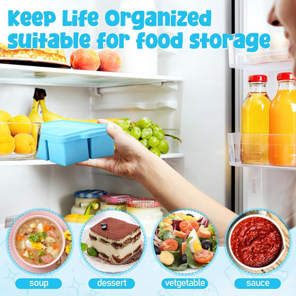 4 Pack Silicone Freezer Trays with Lid, 1/5, 1/2, 1, and 2 Cup Soup Freezer Molds Set Stainless Steel Frame Ice Cube Tray for Meal Prep Freezing Soup Stews Sauces Oven Microwave Safe(Blue)