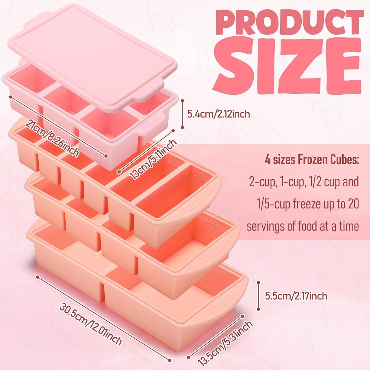 4 Pack Silicone Freezer Trays with Lid, 1/5, 1/2, 1, and 2 Cup Soup Freezer Molds Set Stainless Steel Frame Ice Cube Tray for Meal Prep Freezing Soup Stews Sauces Oven Microwave Safe(Blue)