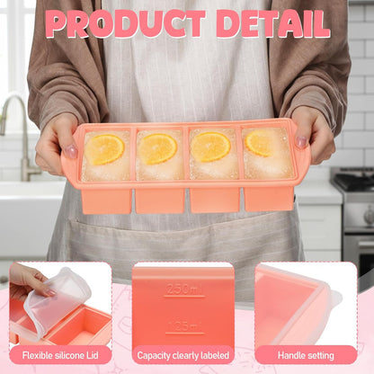 4 Pack Silicone Freezer Trays with Lid, 1/5, 1/2, 1, and 2 Cup Soup Freezer Molds Set Stainless Steel Frame Ice Cube Tray for Meal Prep Freezing Soup Stews Sauces Oven Microwave Safe(Blue)