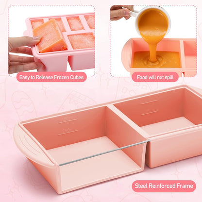 4 Pack Silicone Freezer Trays with Lid, 1/5, 1/2, 1, and 2 Cup Soup Freezer Molds Set Stainless Steel Frame Ice Cube Tray for Meal Prep Freezing Soup Stews Sauces Oven Microwave Safe(Blue)