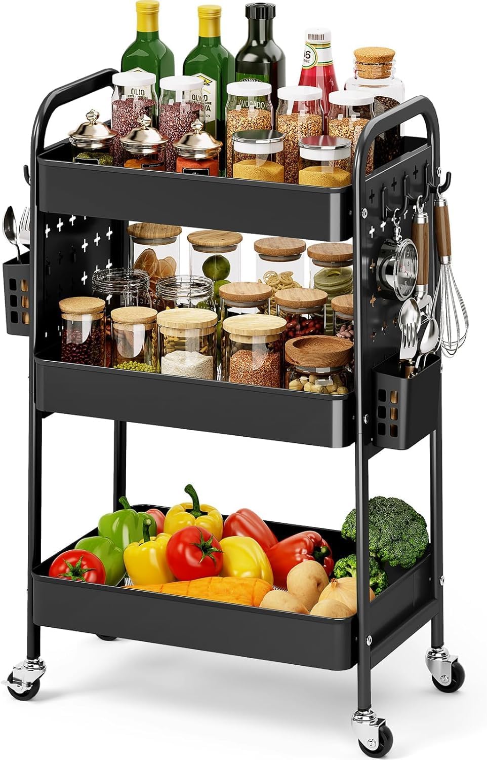 3 Tier Rolling Cart with DIY Pegboard, Hooks and Handles,Black