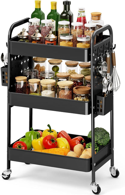 3 Tier Rolling Cart with DIY Pegboard, Hooks and Handles,Black