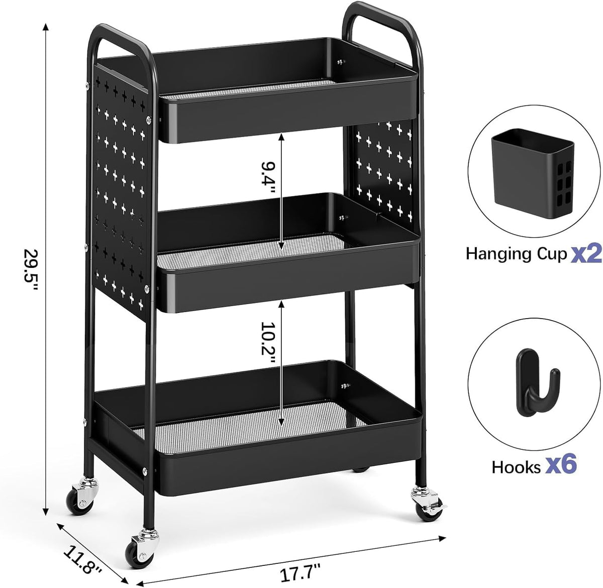 3 Tier Rolling Cart with DIY Pegboard, Hooks and Handles,Black
