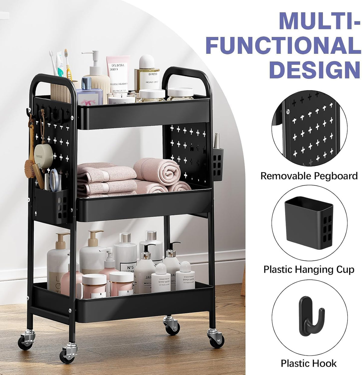 3 Tier Rolling Cart with DIY Pegboard, Hooks and Handles,Black