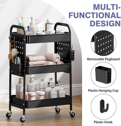 3 Tier Rolling Cart with DIY Pegboard, Hooks and Handles,Black