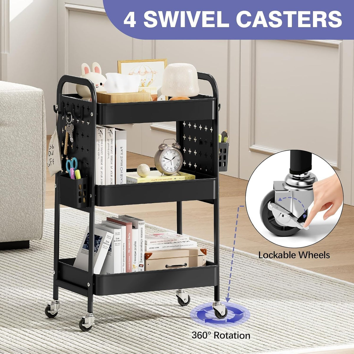 3 Tier Rolling Cart with DIY Pegboard, Hooks and Handles,Black