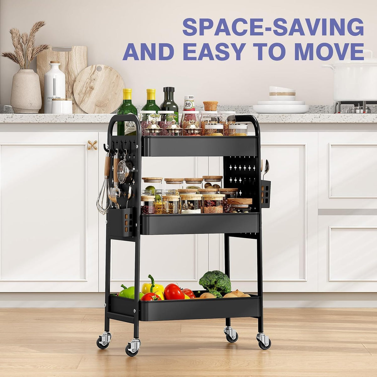 3 Tier Rolling Cart with DIY Pegboard, Hooks and Handles,Black