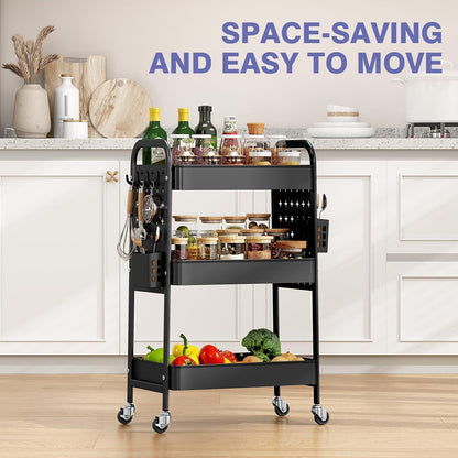 3 Tier Rolling Cart with DIY Pegboard, Hooks and Handles,Black