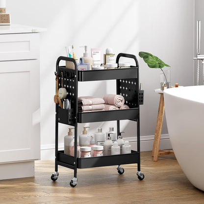 3 Tier Rolling Cart with DIY Pegboard, Hooks and Handles,Black