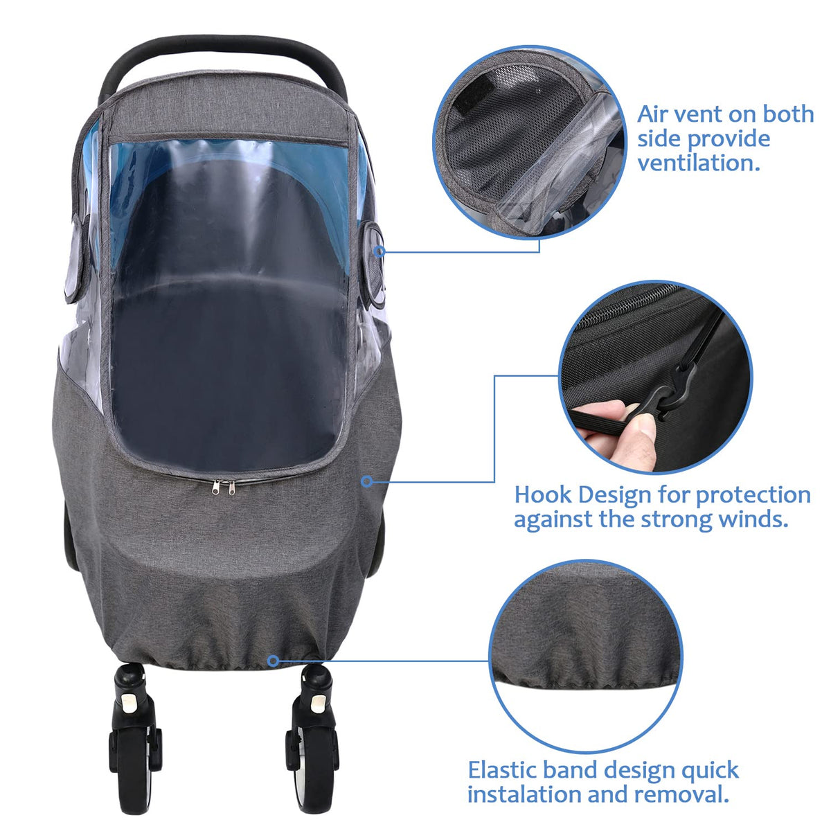Stroller Rain Cover, Universal Stroller Cover for Rain, Baby Travel Weather Shields Windproof and Waterproof, Protect from Dust and Snow, Stroller Accessories (Grey)