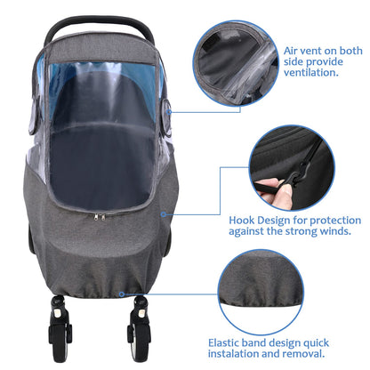 Stroller Rain Cover, Universal Stroller Cover for Rain, Baby Travel Weather Shields Windproof and Waterproof, Protect from Dust and Snow, Stroller Accessories (Grey)
