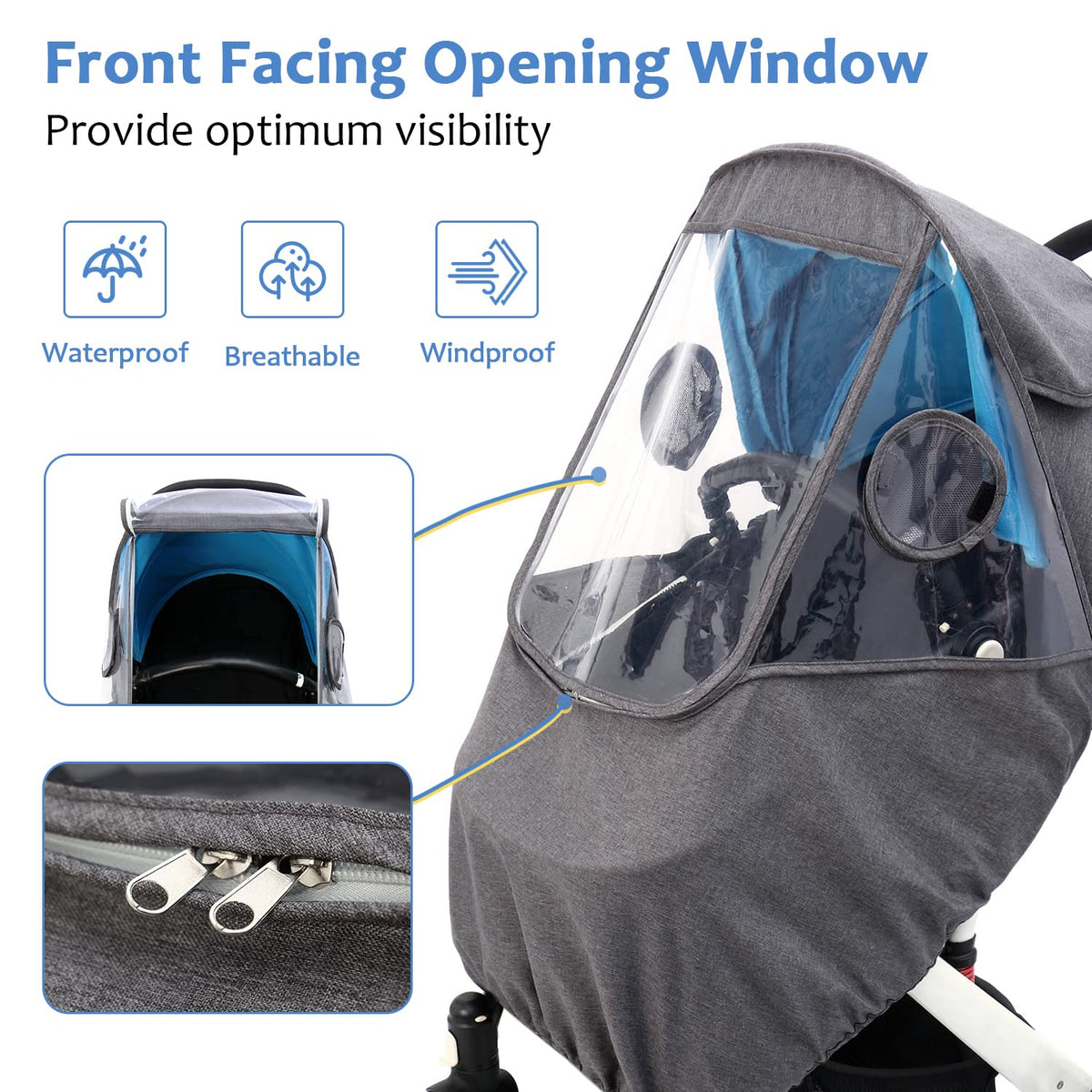 Stroller Rain Cover, Universal Stroller Cover for Rain, Baby Travel Weather Shields Windproof and Waterproof, Protect from Dust and Snow, Stroller Accessories (Grey)