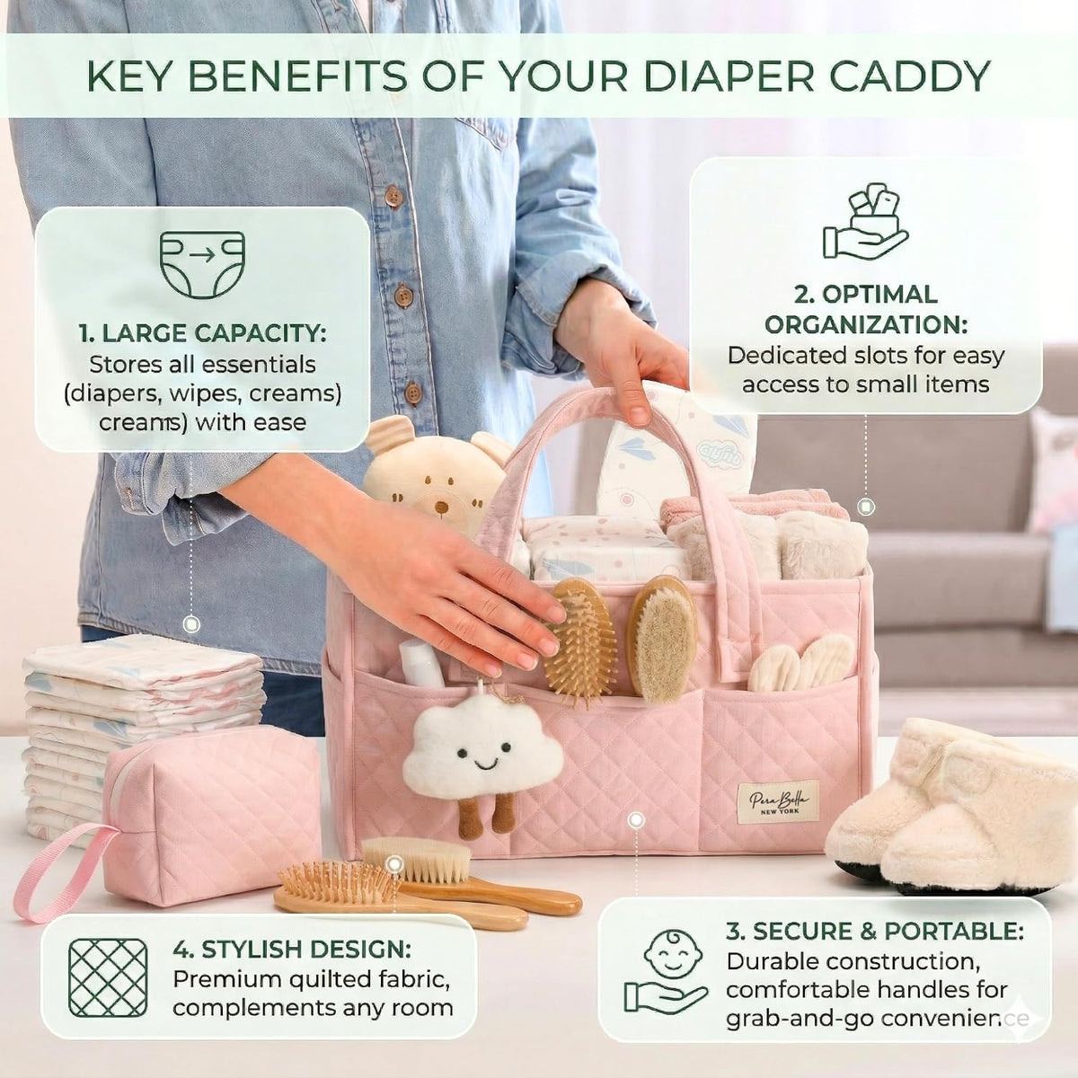 Baby Diaper Caddy Organizer, Baby Basket Shower Gift, Portable Changing Table Basket, Postpartum Caddy & Tote Bag Pouch, Newborn Boy & Girl Nursery Essentials Registry, Car Diaper Organizer
