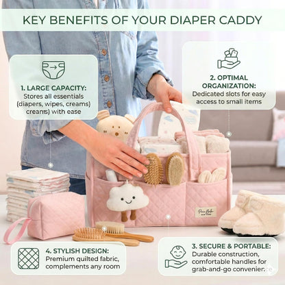 Baby Diaper Caddy Organizer, Baby Basket Shower Gift, Portable Changing Table Basket, Postpartum Caddy & Tote Bag Pouch, Newborn Boy & Girl Nursery Essentials Registry, Car Diaper Organizer