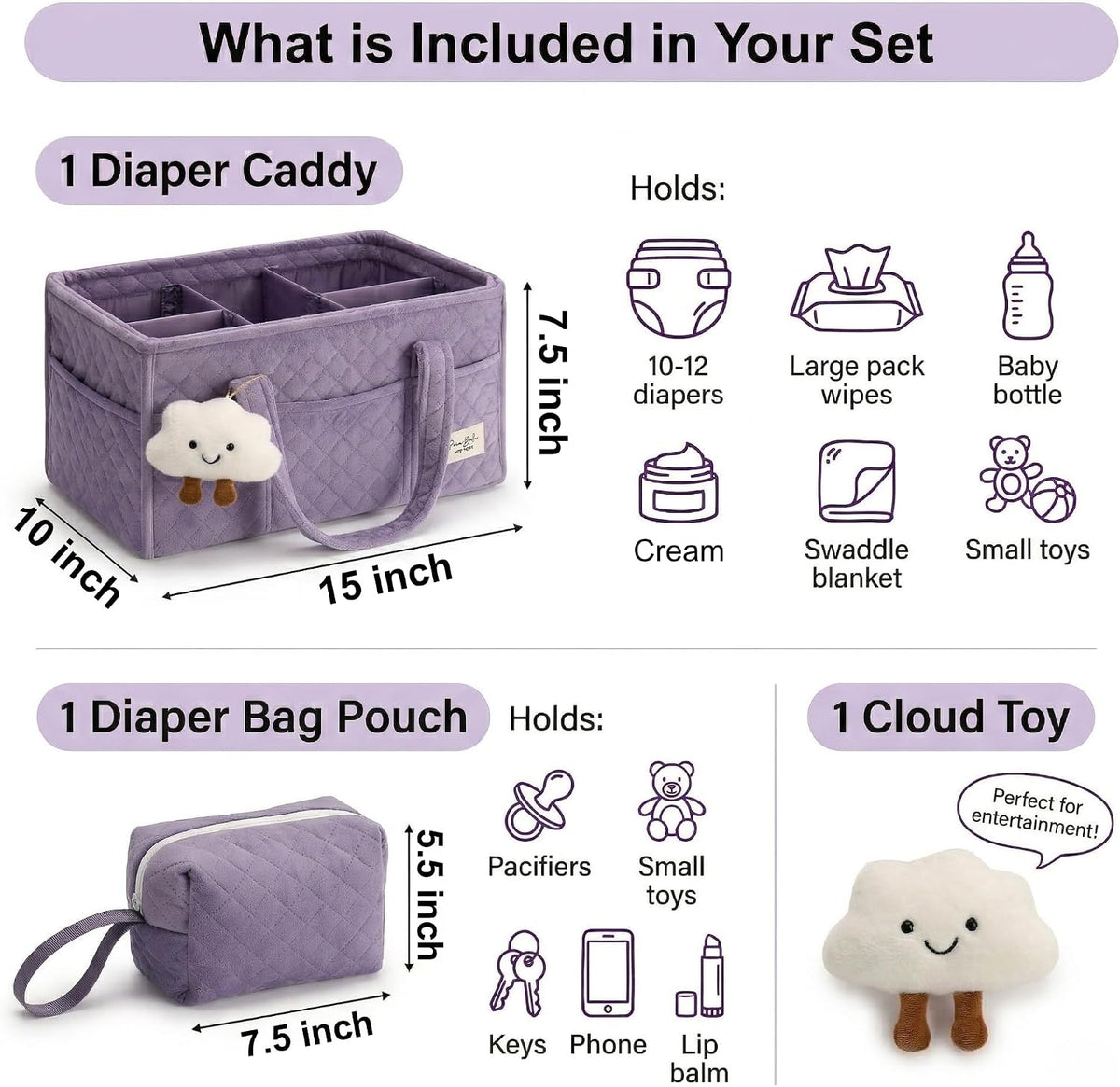 Baby Diaper Caddy Organizer, Baby Basket Shower Gift, Portable Changing Table Basket, Postpartum Caddy & Tote Bag Pouch, Newborn Boy & Girl Nursery Essentials Registry, Car Diaper Organizer