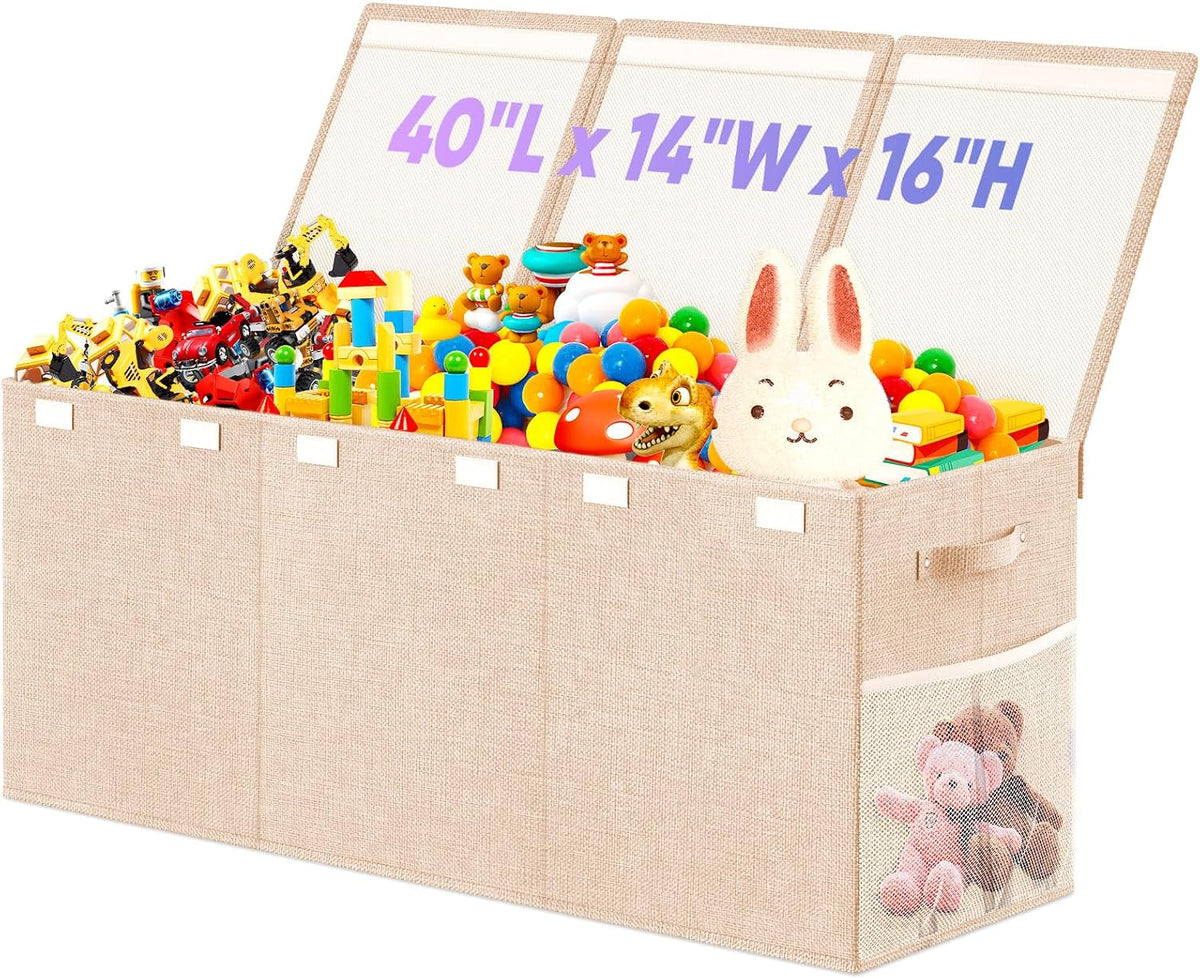Large Toy Storage Box with Lid & Dividers, Kids Toy Chest, Beige and White