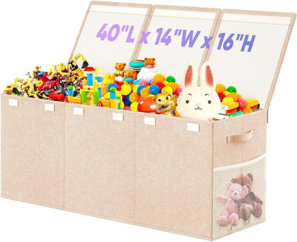 Large Toy Storage Box with Lid & Dividers, Kids Toy Chest, Beige and White