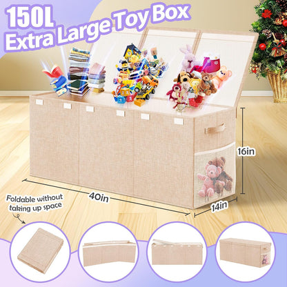 Large Toy Storage Box with Lid & Dividers, Kids Toy Chest, Beige and White