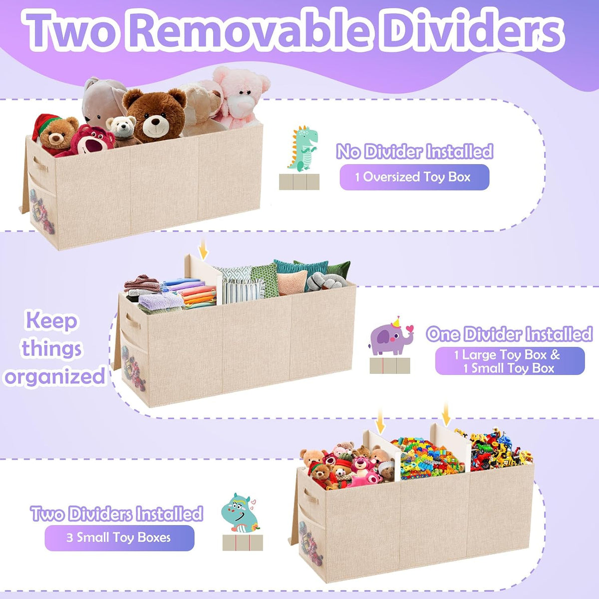 Large Toy Storage Box with Lid & Dividers, Kids Toy Chest, Beige and White