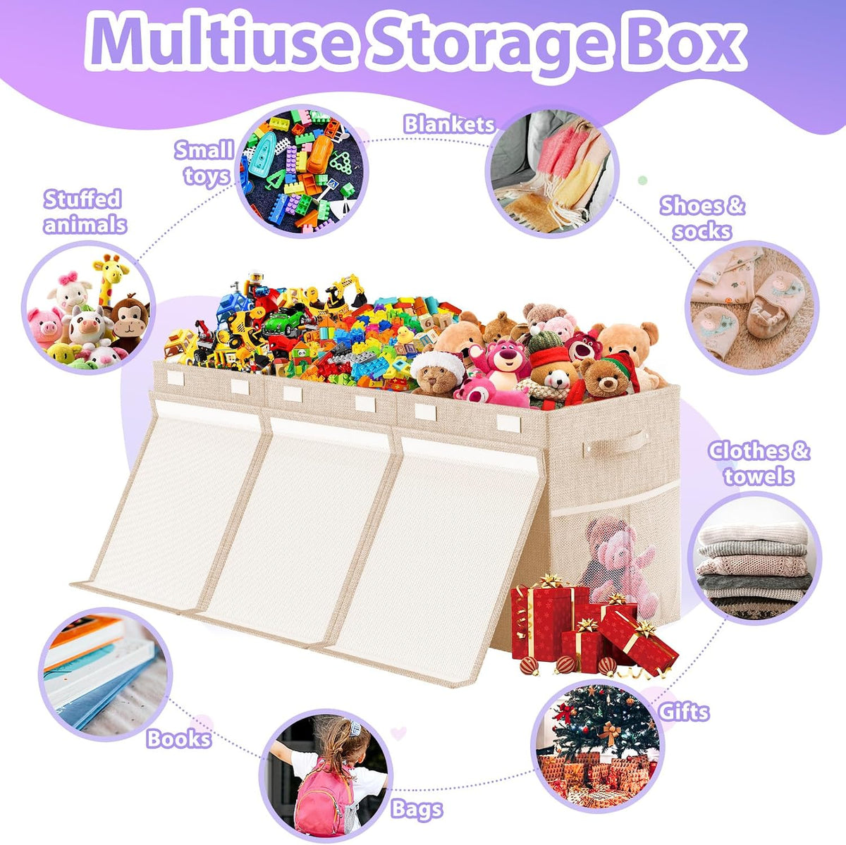 Large Toy Storage Box with Lid & Dividers, Kids Toy Chest, Beige and White