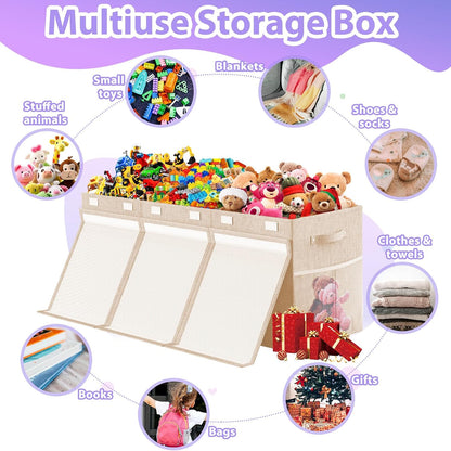 Large Toy Storage Box with Lid & Dividers, Kids Toy Chest, Beige and White