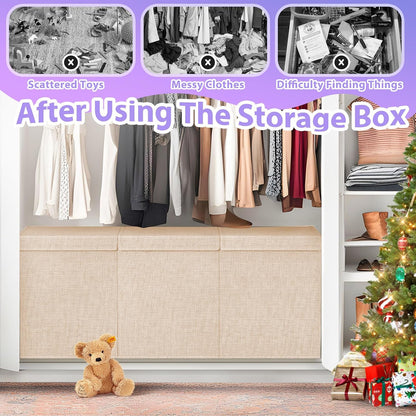 Large Toy Storage Box with Lid & Dividers, Kids Toy Chest, Beige and White