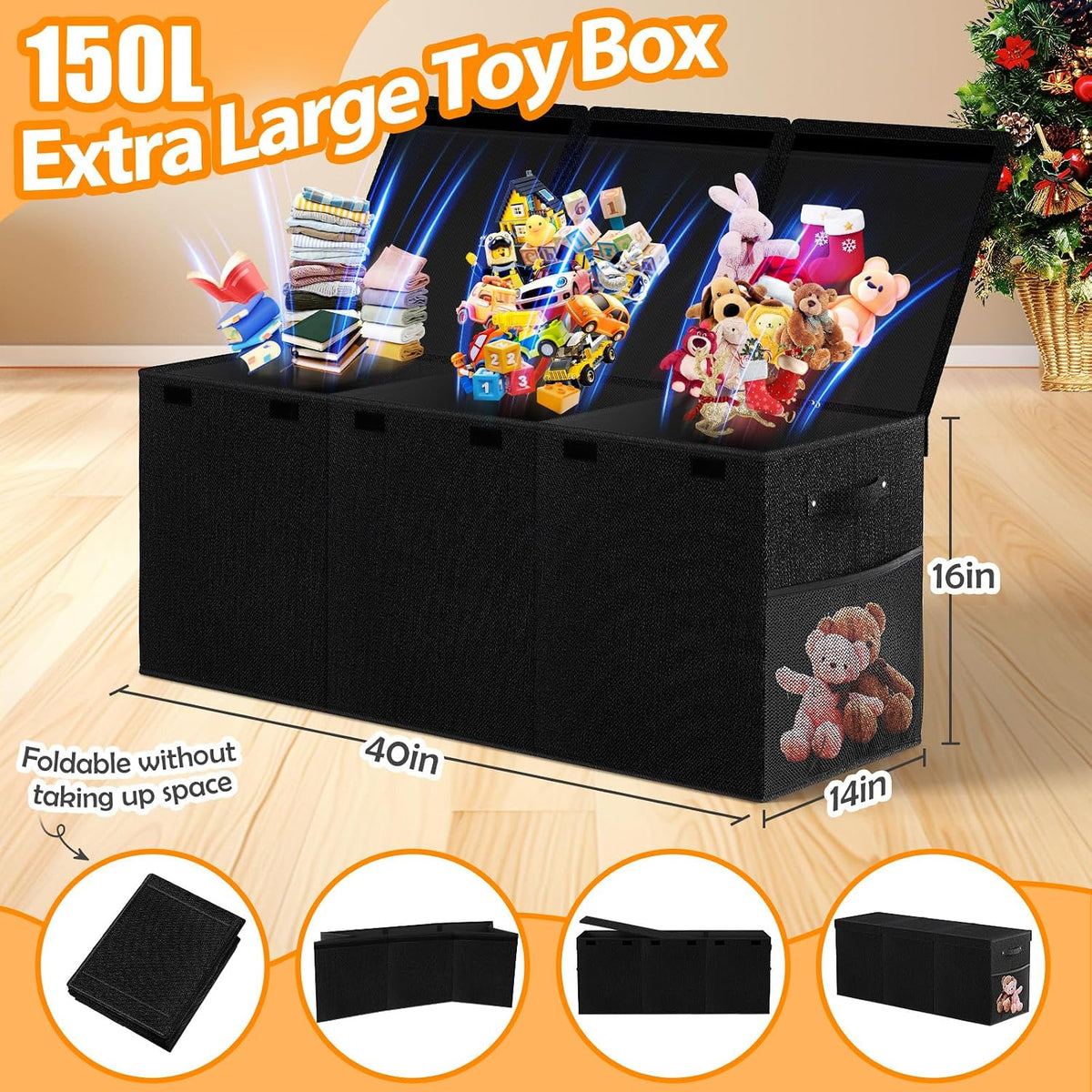 Large Toy Storage Box with Lid & Dividers, Kids Toy Chest, Beige and White