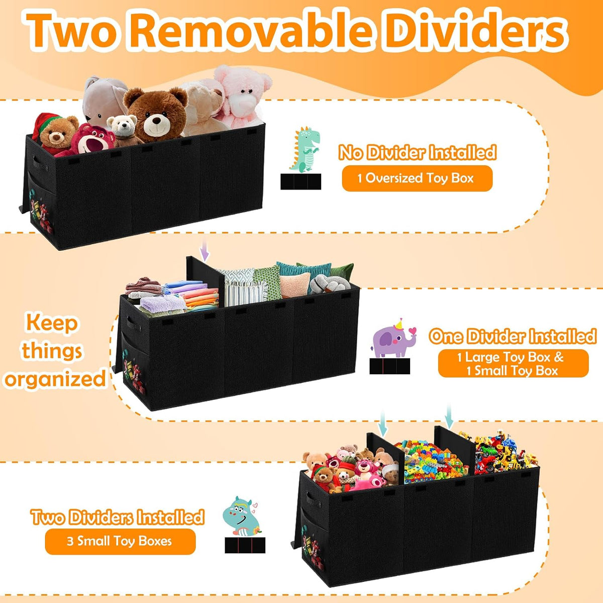 Large Toy Storage Box with Lid & Dividers, Kids Toy Chest, Beige and White