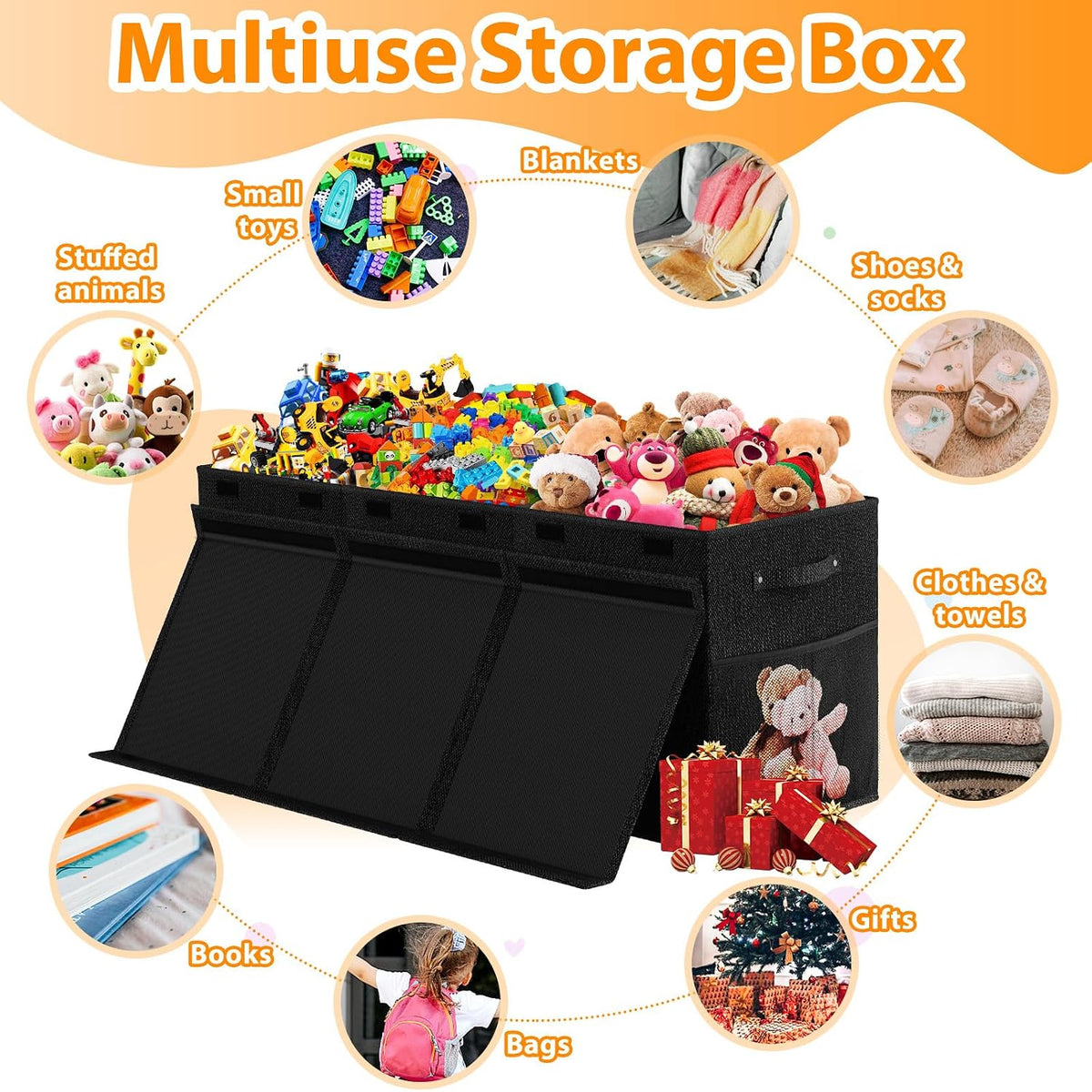 Large Toy Storage Box with Lid & Dividers, Kids Toy Chest, Beige and White
