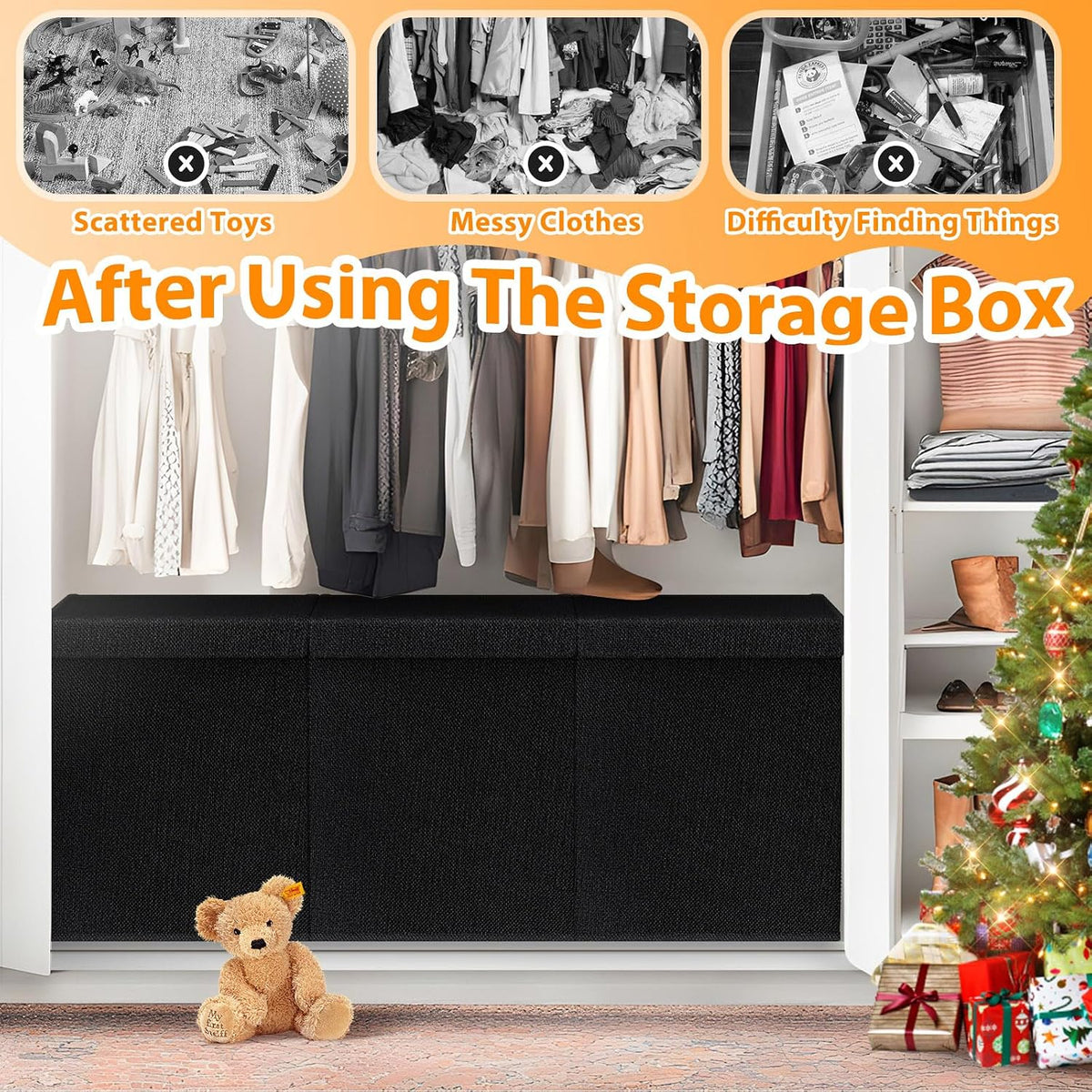 Large Toy Storage Box with Lid & Dividers, Kids Toy Chest, Beige and White