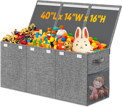 Large Toy Storage Box with Lid & Dividers, Kids Toy Chest, Beige and White