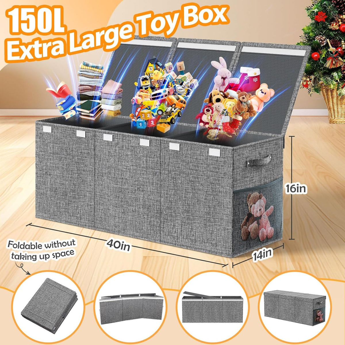 Large Toy Storage Box with Lid & Dividers, Kids Toy Chest, Beige and White