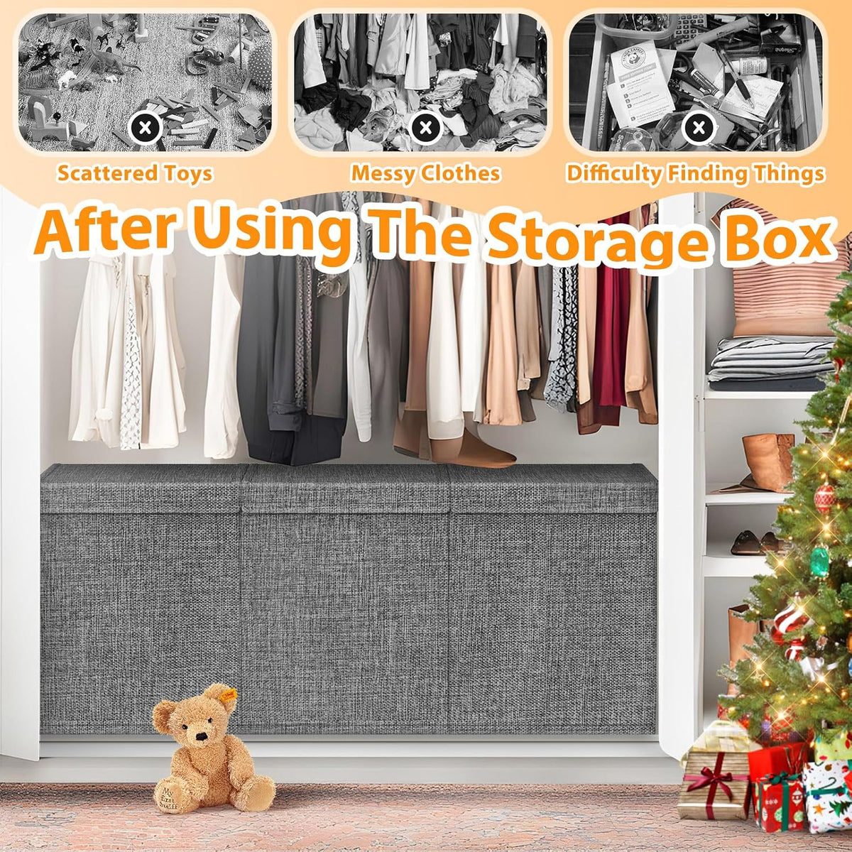 Large Toy Storage Box with Lid & Dividers, Kids Toy Chest, Beige and White