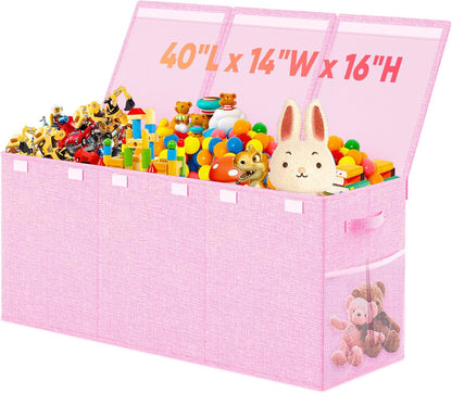 Large Toy Storage Box with Lid & Dividers, Kids Toy Chest, Beige and White