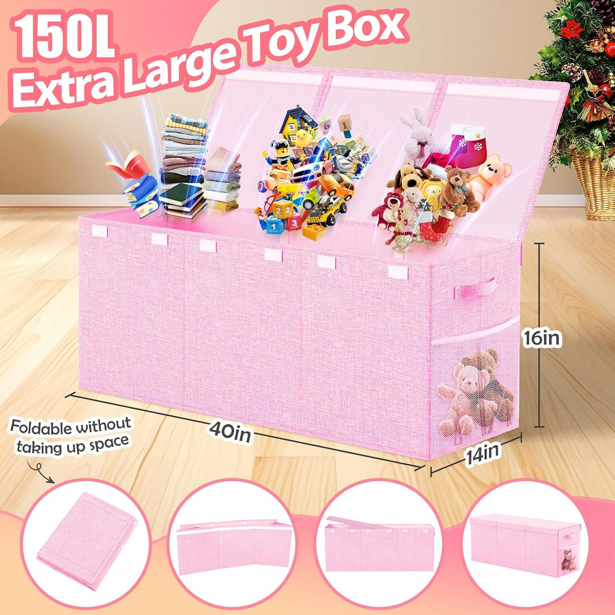 Large Toy Storage Box with Lid & Dividers, Kids Toy Chest, Beige and White