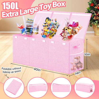 Large Toy Storage Box with Lid & Dividers, Kids Toy Chest, Beige and White