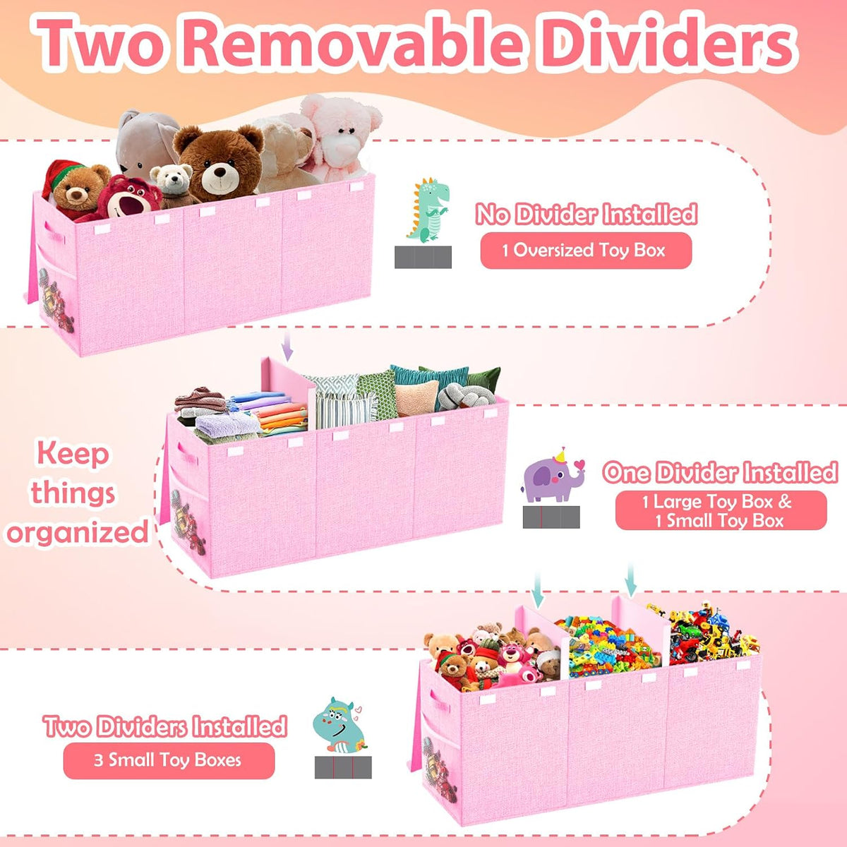 Large Toy Storage Box with Lid & Dividers, Kids Toy Chest, Beige and White