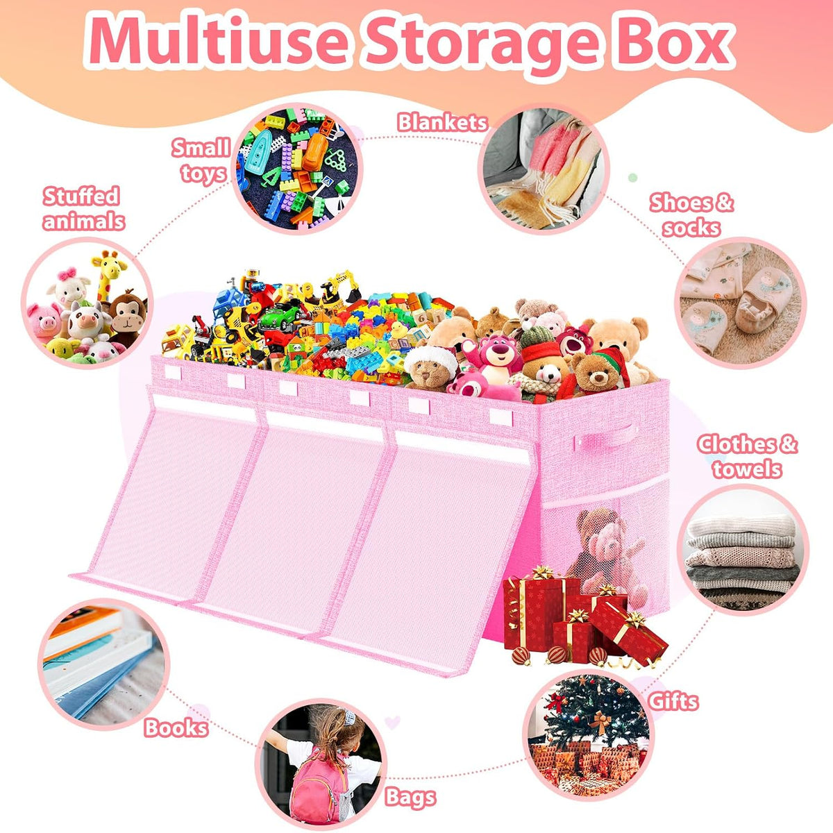 Large Toy Storage Box with Lid & Dividers, Kids Toy Chest, Beige and White