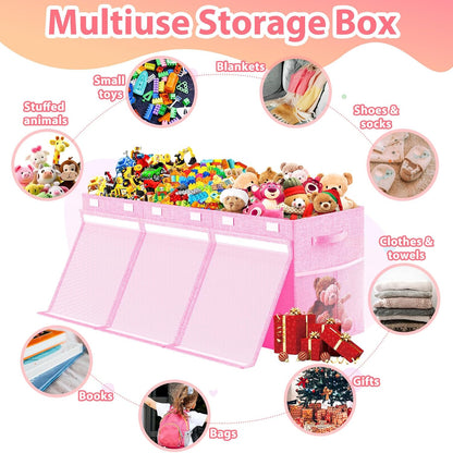 Large Toy Storage Box with Lid & Dividers, Kids Toy Chest, Beige and White
