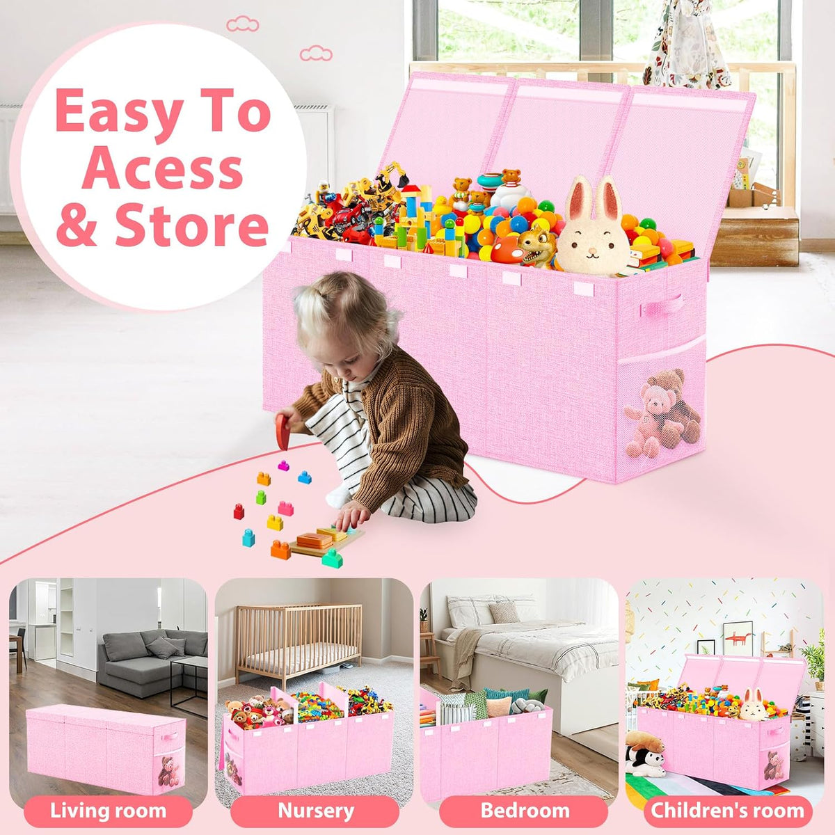 Large Toy Storage Box with Lid & Dividers, Kids Toy Chest, Beige and White