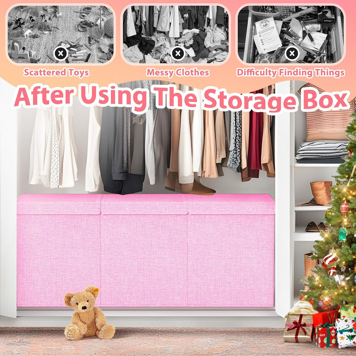 Large Toy Storage Box with Lid & Dividers, Kids Toy Chest, Beige and White
