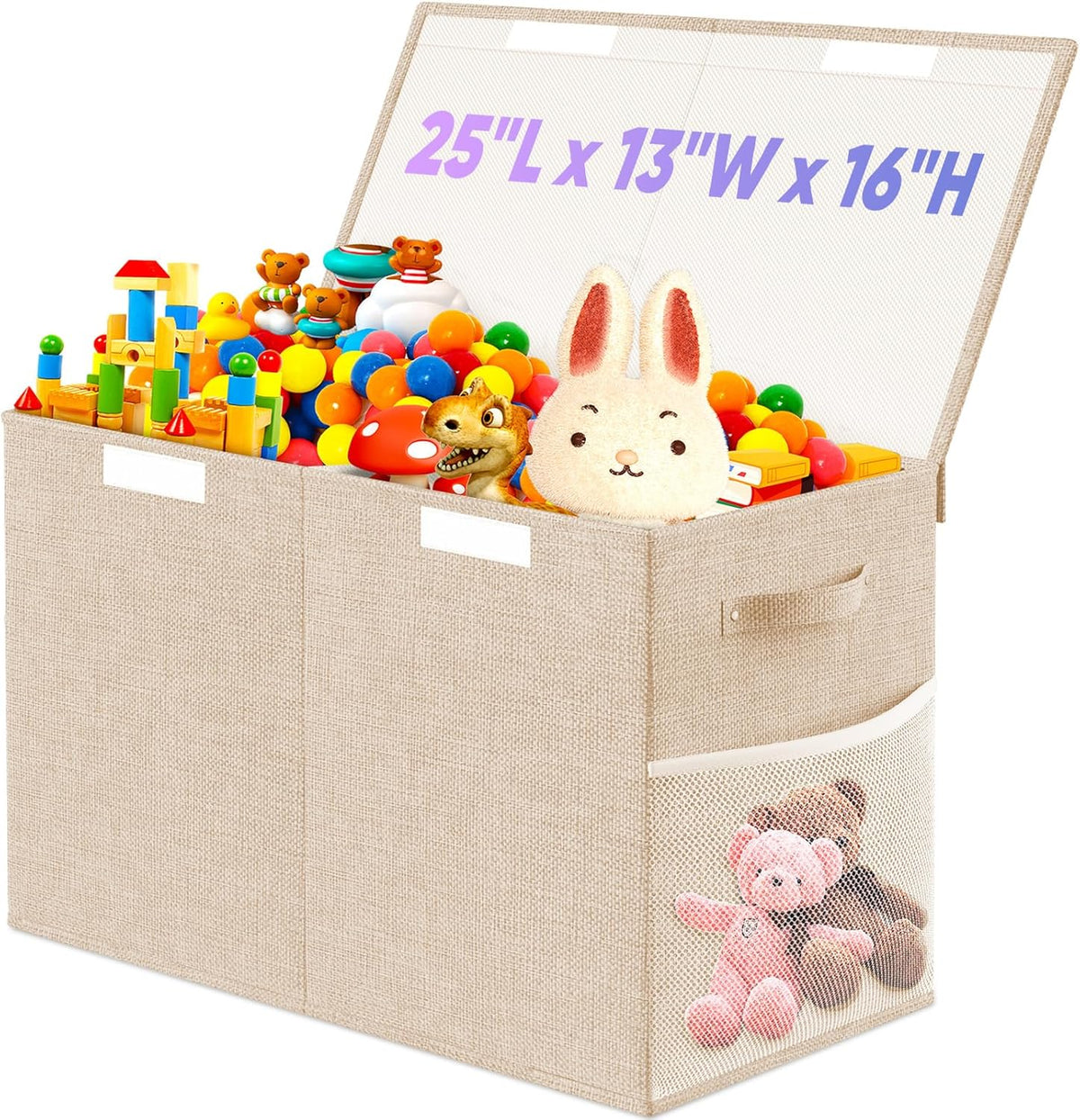 Large Toy Storage Box with Lid & Dividers, Kids Toy Chest, Beige and White