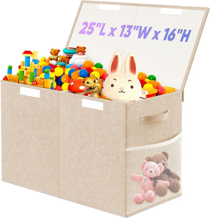 Large Toy Storage Box with Lid & Dividers, Kids Toy Chest, Beige and White