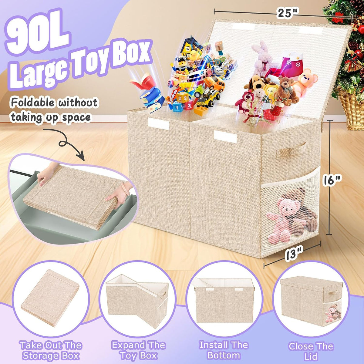 Large Toy Storage Box with Lid & Dividers, Kids Toy Chest, Beige and White