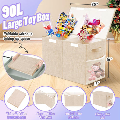 Large Toy Storage Box with Lid & Dividers, Kids Toy Chest, Beige and White