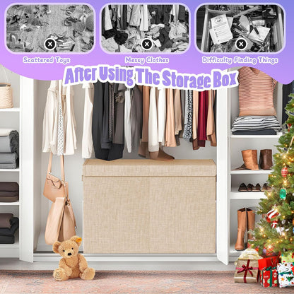 Large Toy Storage Box with Lid & Dividers, Kids Toy Chest, Beige and White