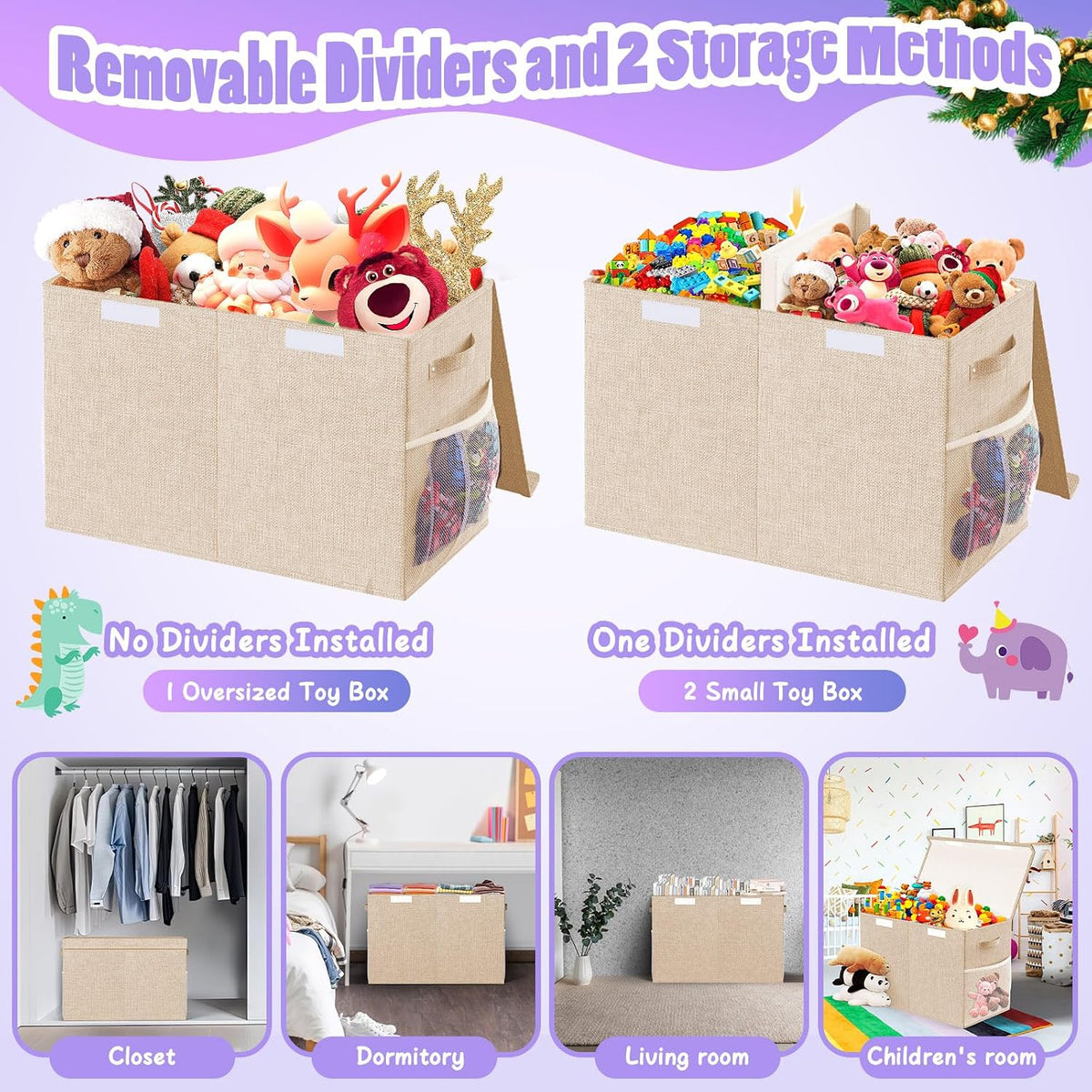 Large Toy Storage Box with Lid & Dividers, Kids Toy Chest, Beige and White