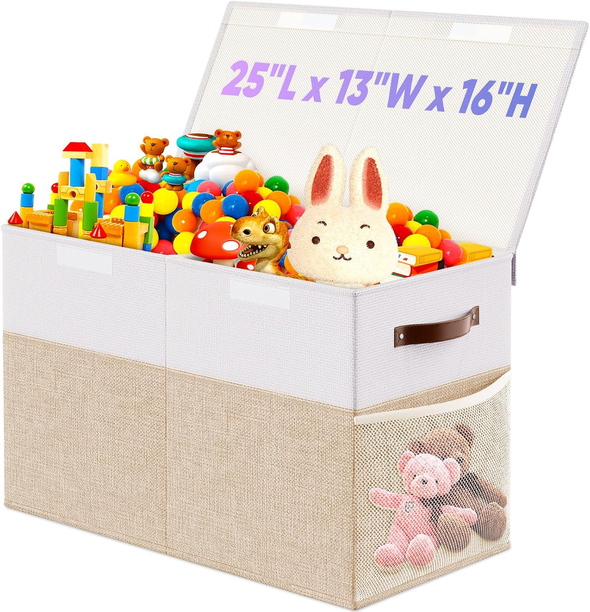 Large Toy Storage Box with Lid & Dividers, Kids Toy Chest, Beige and White