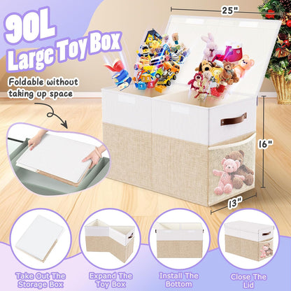 Large Toy Storage Box with Lid & Dividers, Kids Toy Chest, Beige and White