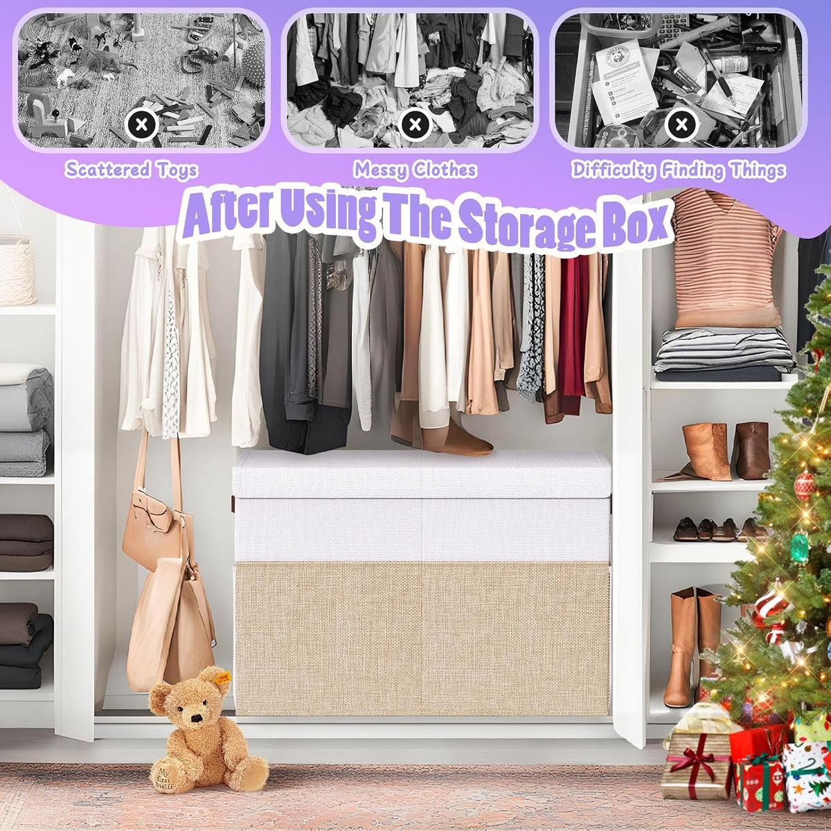 Large Toy Storage Box with Lid & Dividers, Kids Toy Chest, Beige and White